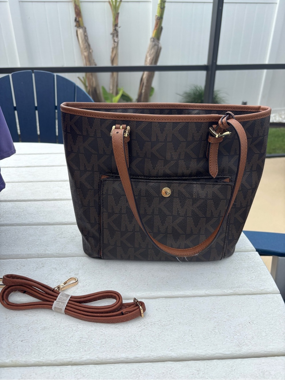Michael Kors Brown Logo Tote with Tan Trim and Gold Hardware